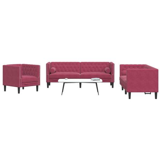 vidaXL Set sofás Chesterfield con cojines 3 pzas terciopelo rojo tinto