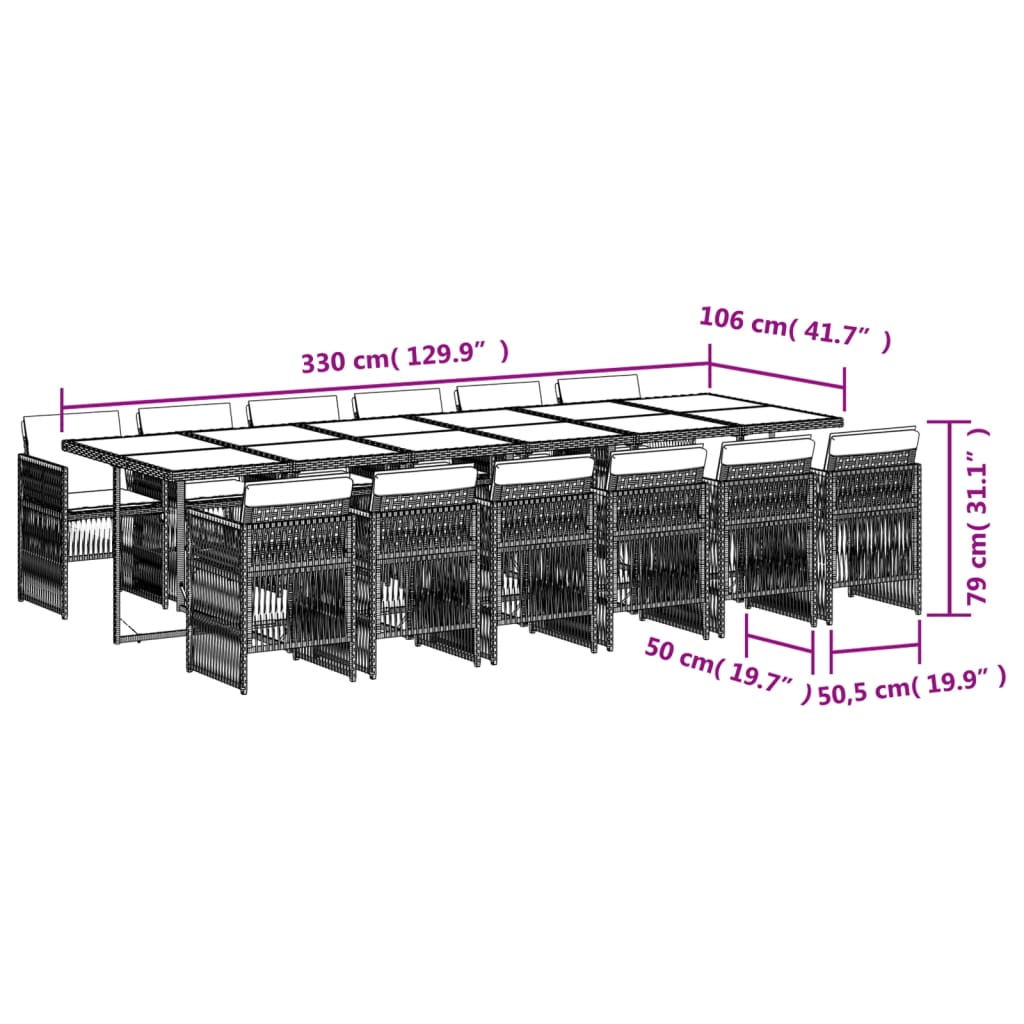 vidaXL Set comedor de jardín con cojines 13 pzas ratán sintético negro