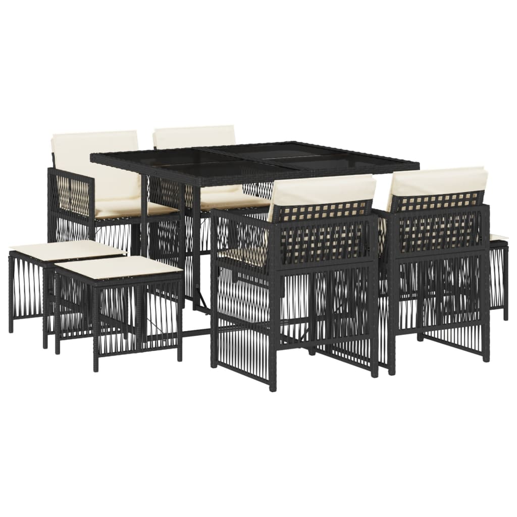 vidaXL Set de comedor de jardín 9 pzas y cojines ratán sintético negro