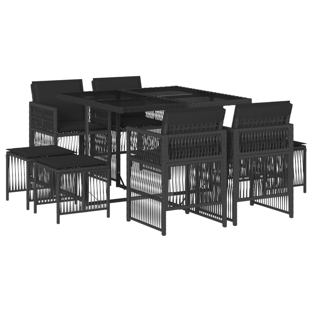 vidaXL Set de comedor de jardín 9 pzas y cojines ratán sintético negro