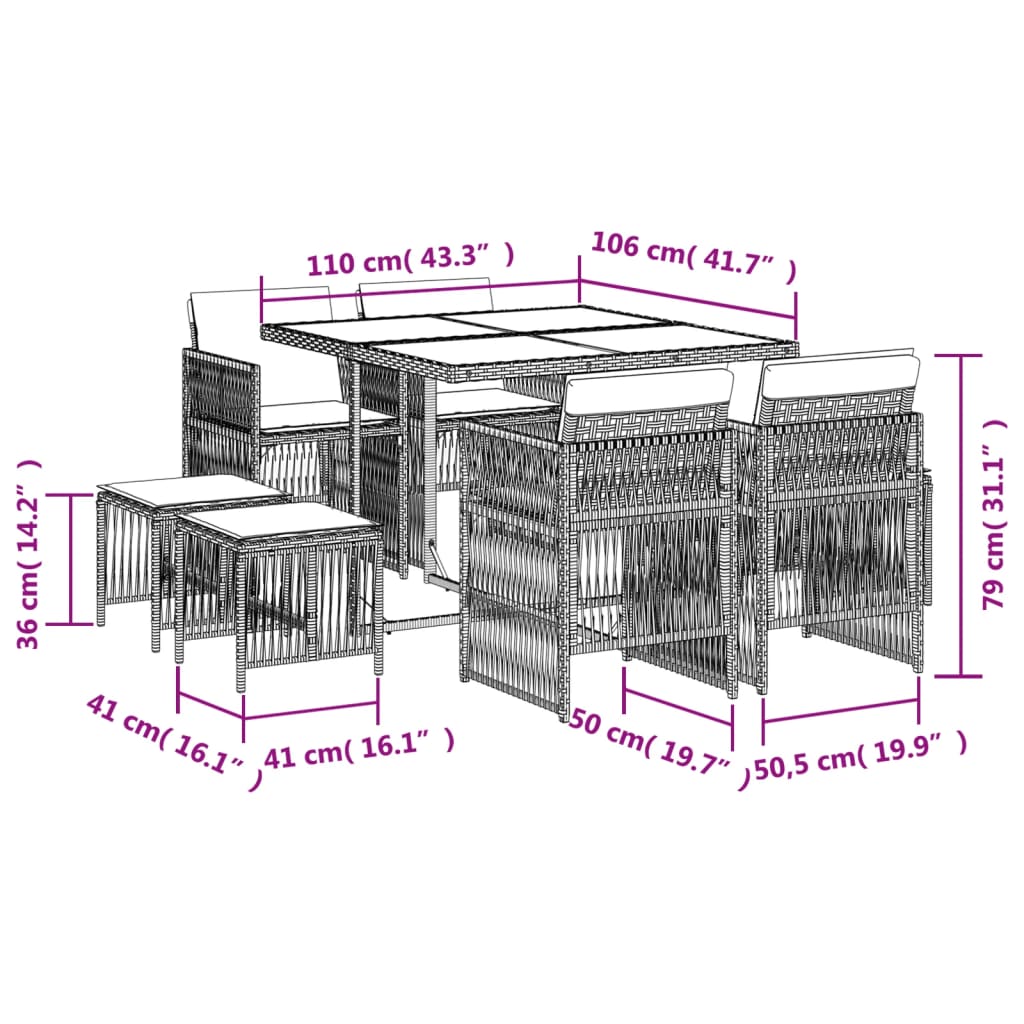 vidaXL Set de comedor de jardín 9 pzas y cojines ratán sintético negro