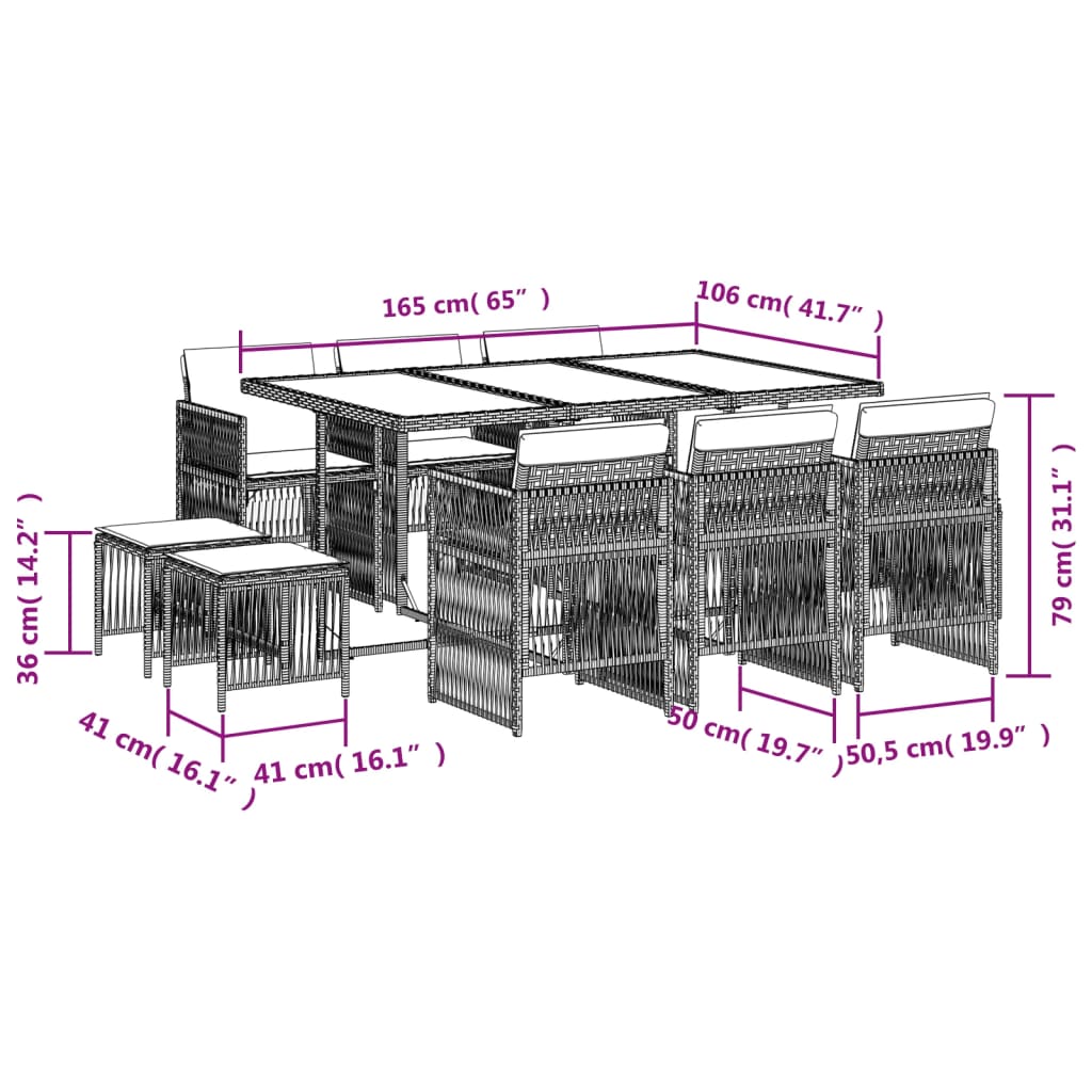 vidaXL Set comedor de jardín 11 pzas y cojines ratán sintético marrón