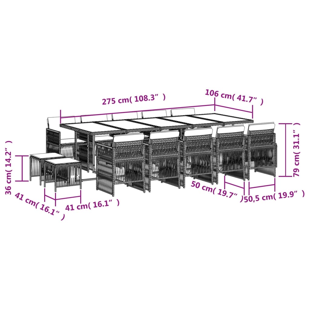 vidaXL Set comedor de jardín con cojines 15 pzas ratán sintético negro