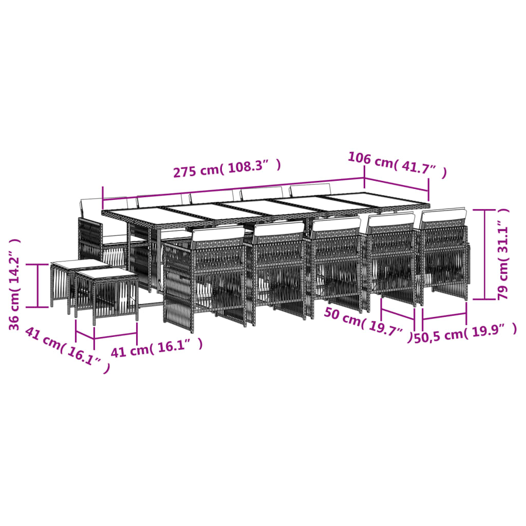 vidaXL Set comedor de jardín y cojines 15 pzas ratán sintético marrón