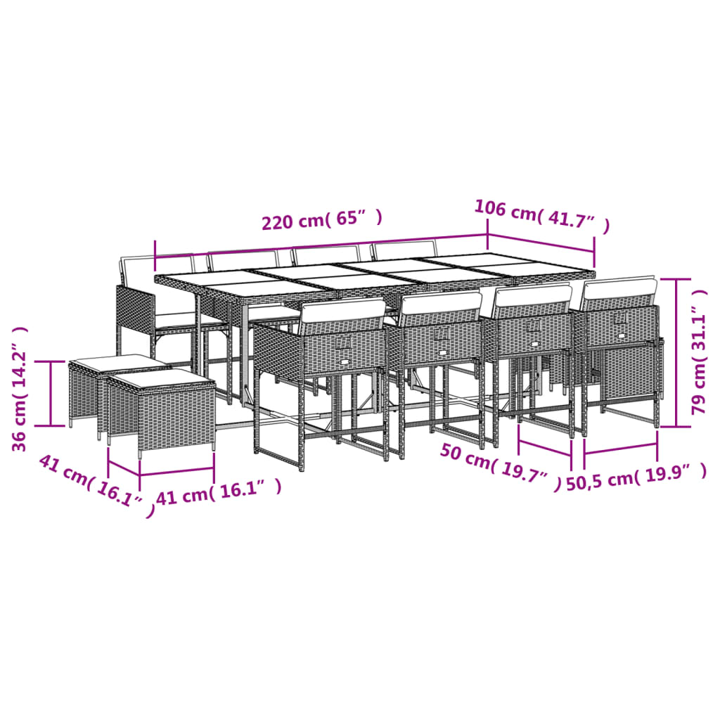 vidaXL Set muebles de jardín 13 pzas y cojines ratán sintético marrón