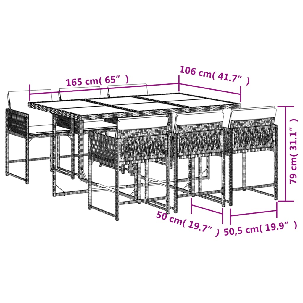 vidaXL Set de comedor de jardín 7 pzas y cojines ratán sintético negro