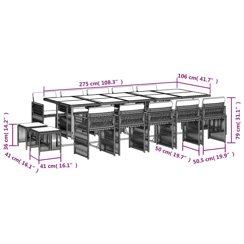 vidaXL Set comedor de jardín con cojines 15 pzas ratán sintético beige