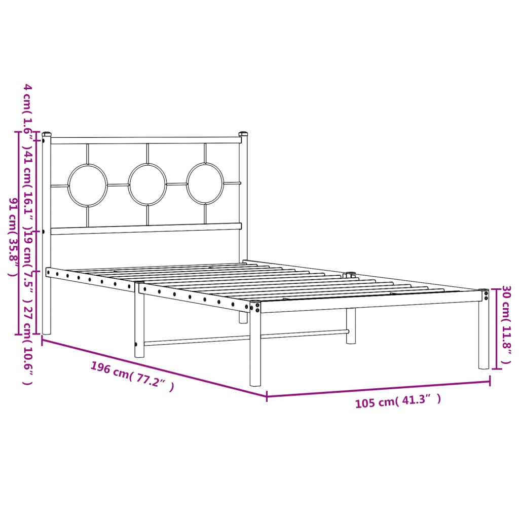 vidaXL Estructura cama sin colchón con cabecero metal negro 100x190 cm