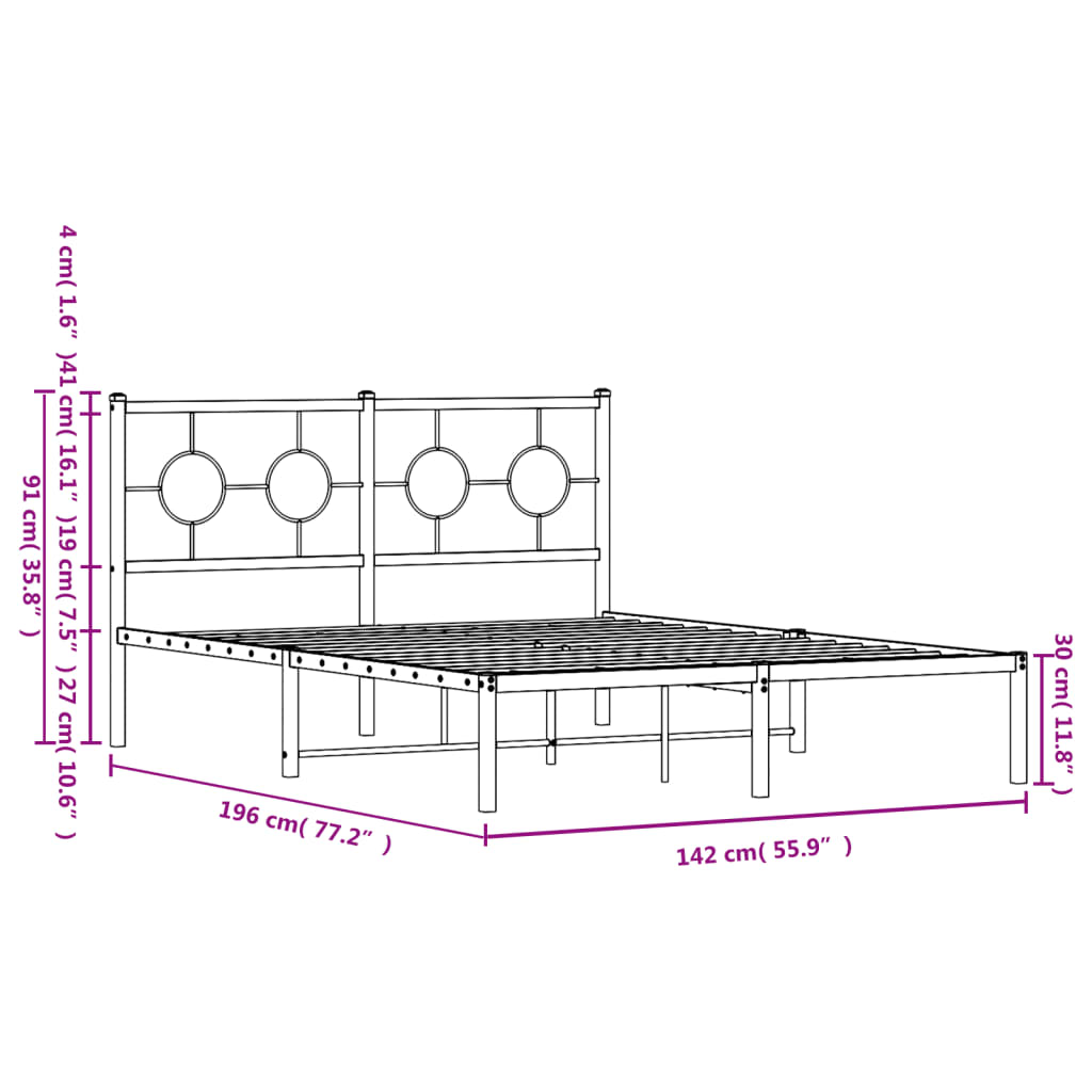 vidaXL Estructura cama sin colchón con cabecero metal negro 135x190 cm