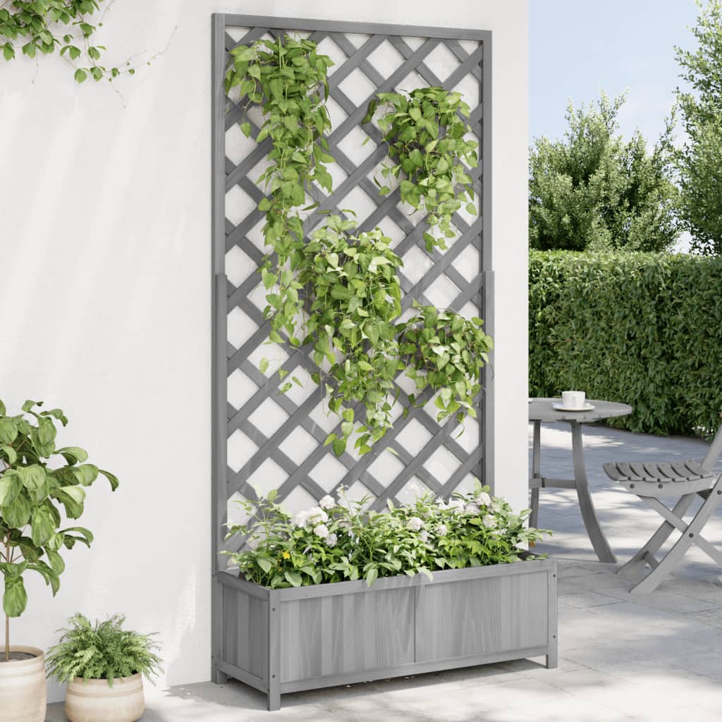 vidaXL Jardinera con enrejado madera maciza de abeto gris