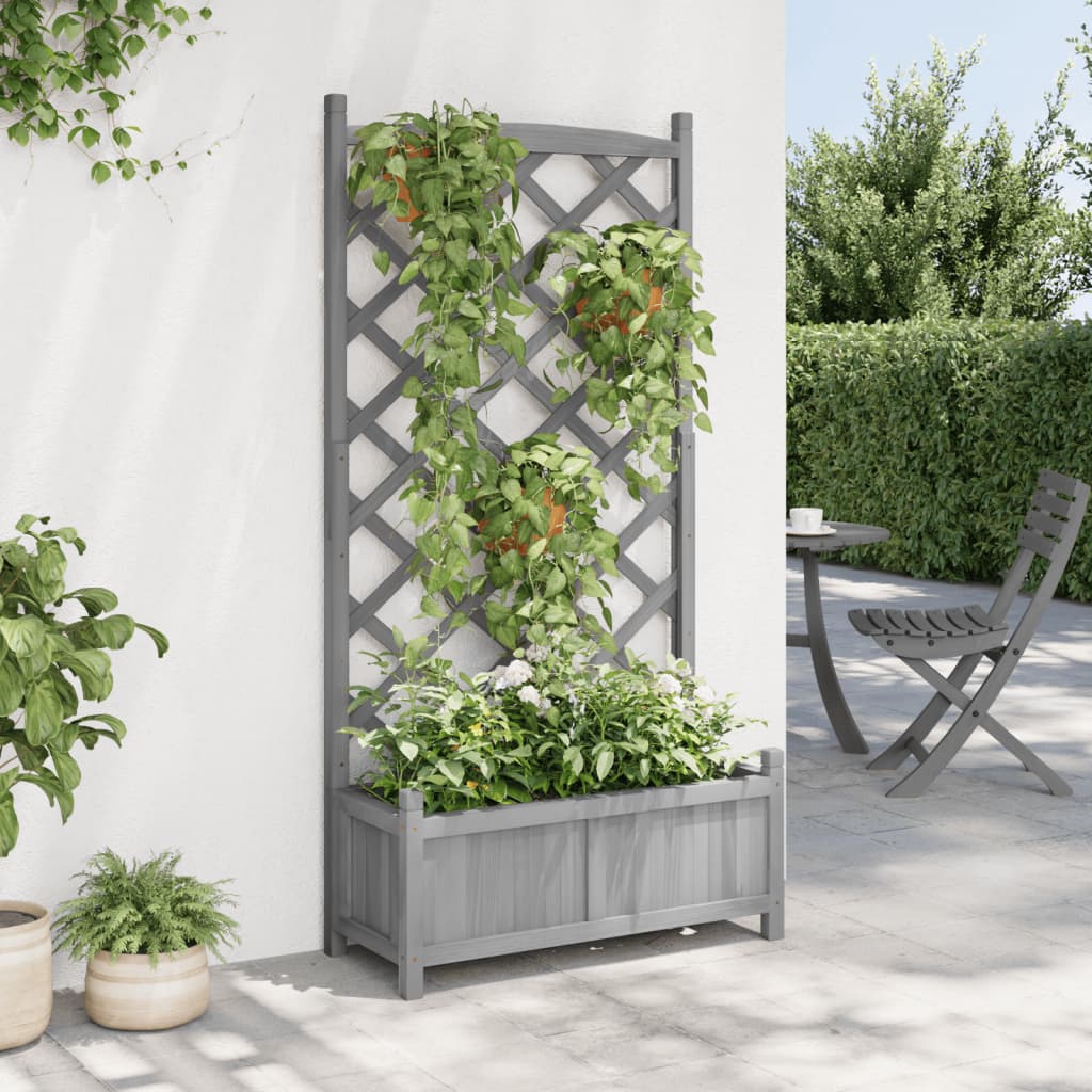 vidaXL Jardinera con enrejado madera maciza de abeto gris