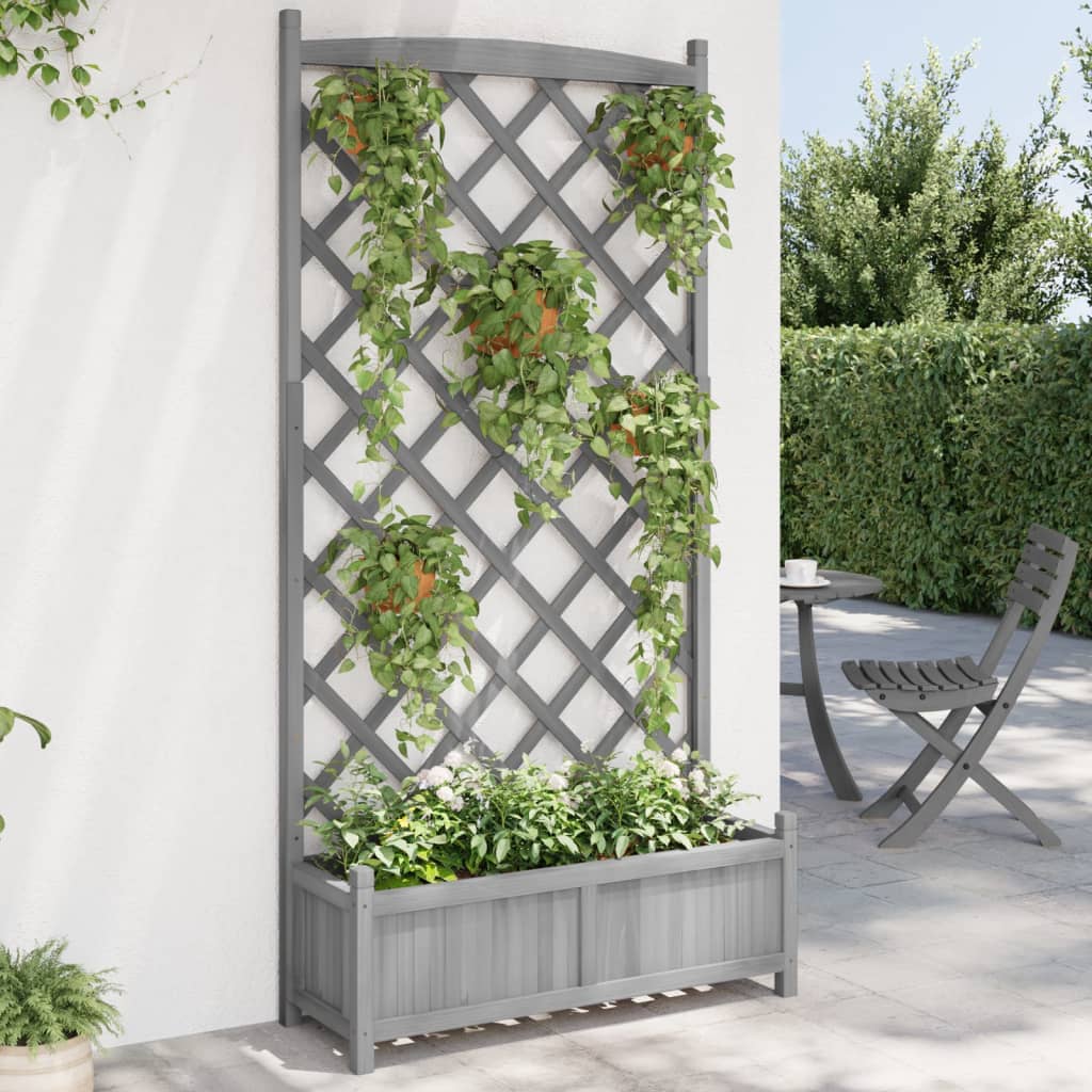 vidaXL Jardinera con enrejado madera maciza de abeto gris