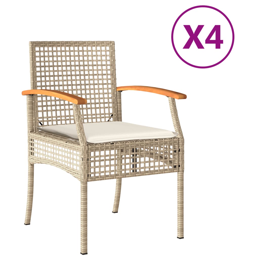 vidaXL Sillas de jardín con cojín 4 uds ratán PE beige y madera acacia