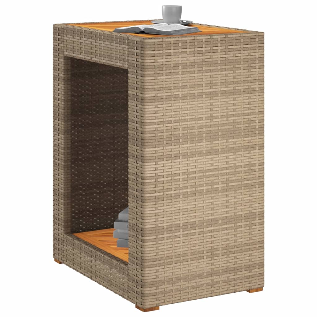 vidaXL Mesa auxiliar jardín tapa madera ratán PE beige 60x40x75 cm