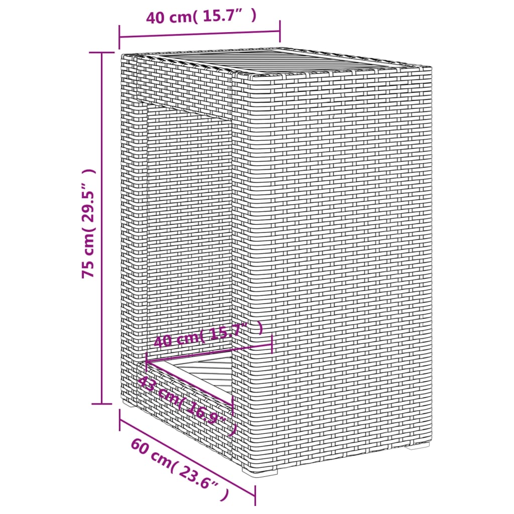 vidaXL Mesa auxiliar jardín tapa madera ratán PE beige 60x40x75 cm