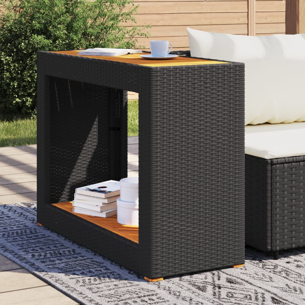 vidaXL Mesa auxiliar jardín tapa madera ratán PE negro 100x40x75 cm