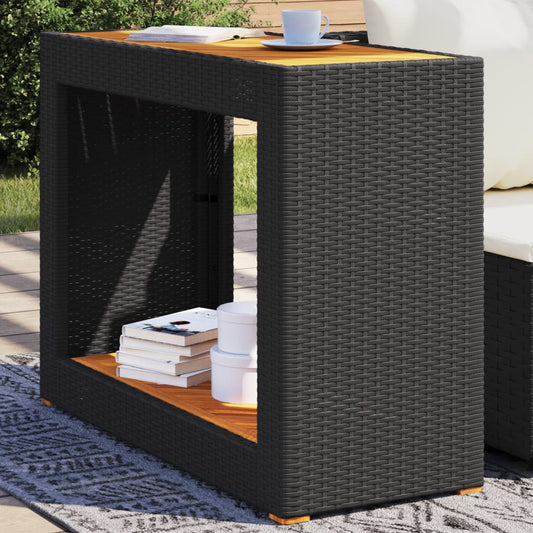 vidaXL Mesa auxiliar jardín tapa madera ratán PE negro 100x40x75 cm