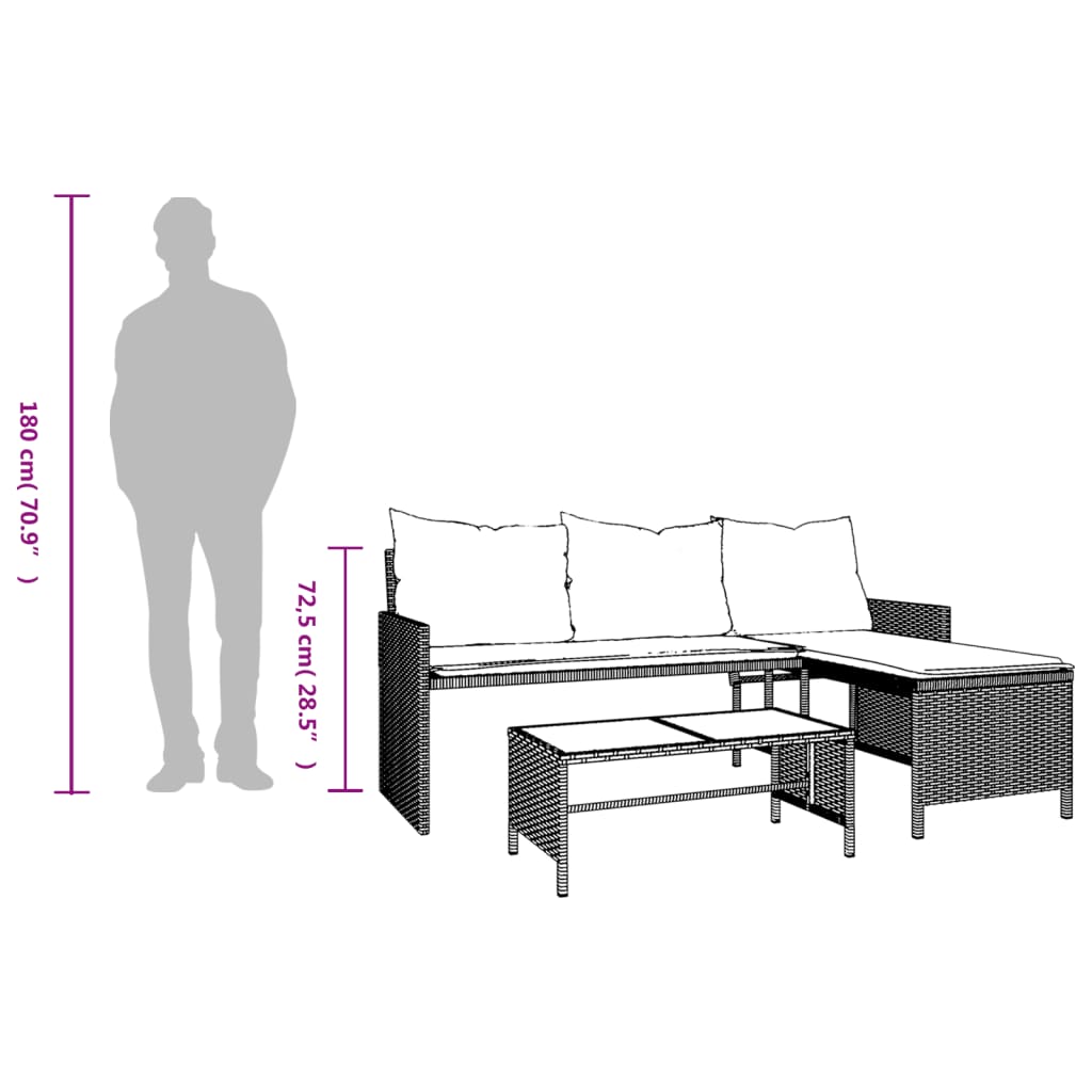 vidaXL Sofá de jardín en forma de L con mesa y cojines ratán PE negro