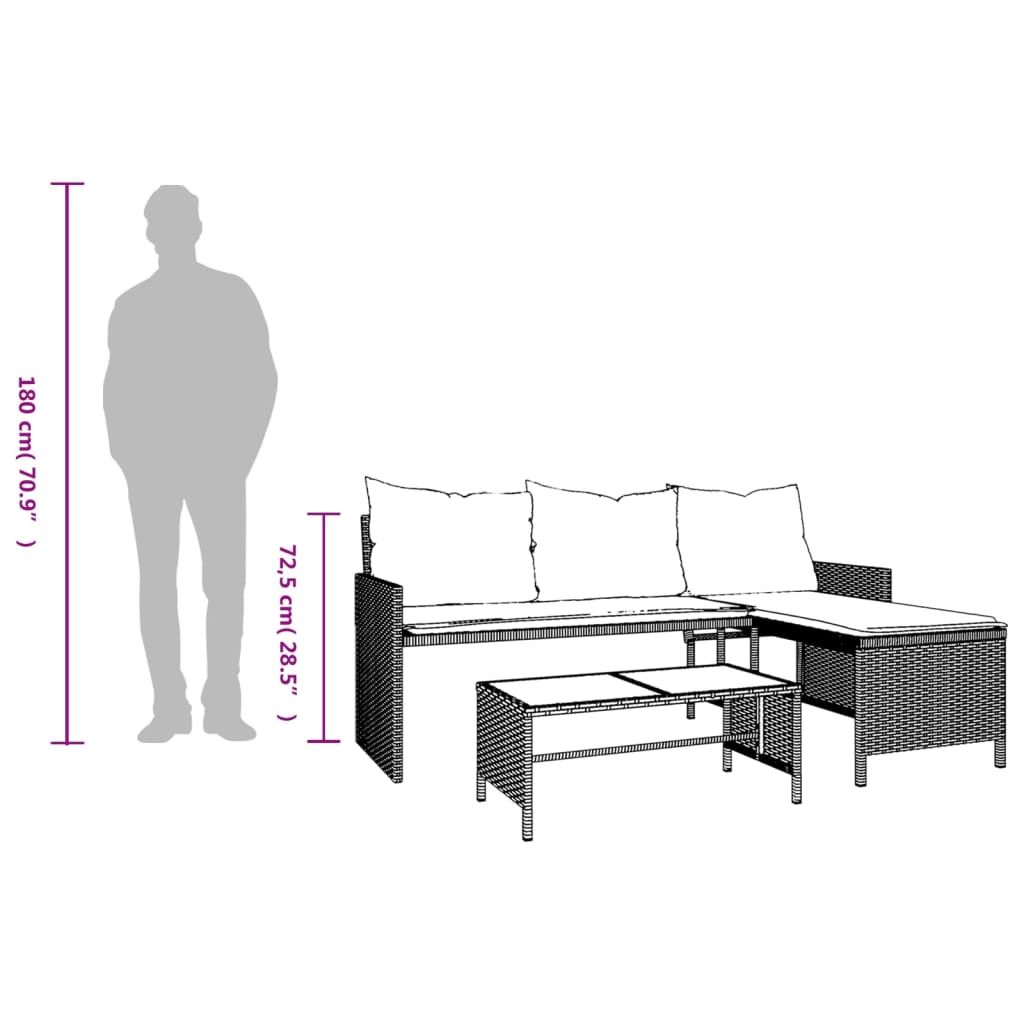 vidaXL Sofá de jardín en forma de L con mesa y cojines ratán PE marrón