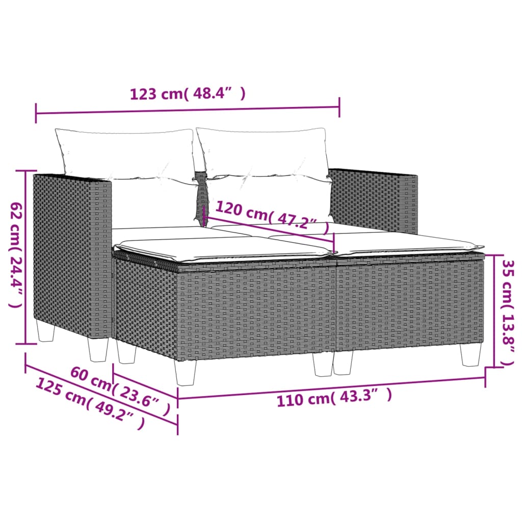 vidaXL Sofá de jardín 2 plazas con toldo y taburetes ratán PE beige