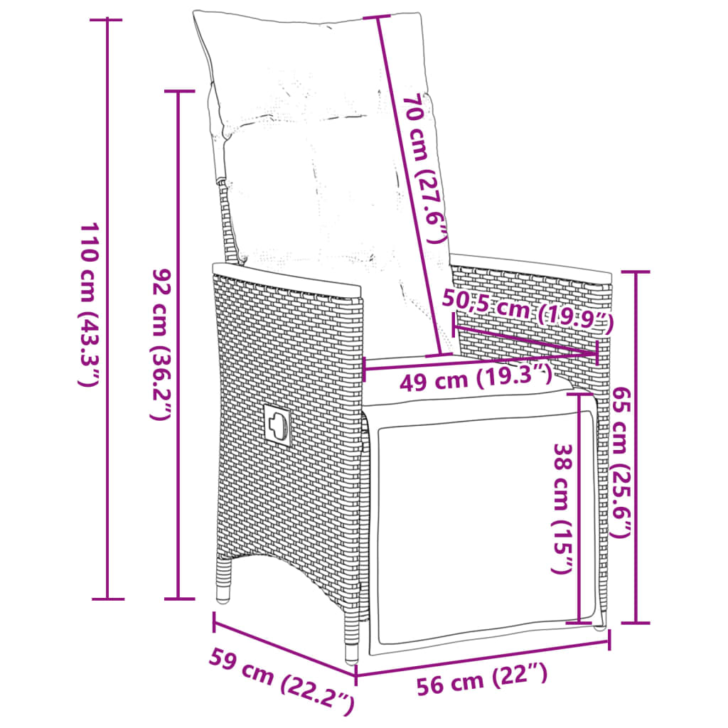 vidaXL Sillones reclinable jardín y cojines 2 uds ratán sintético gris