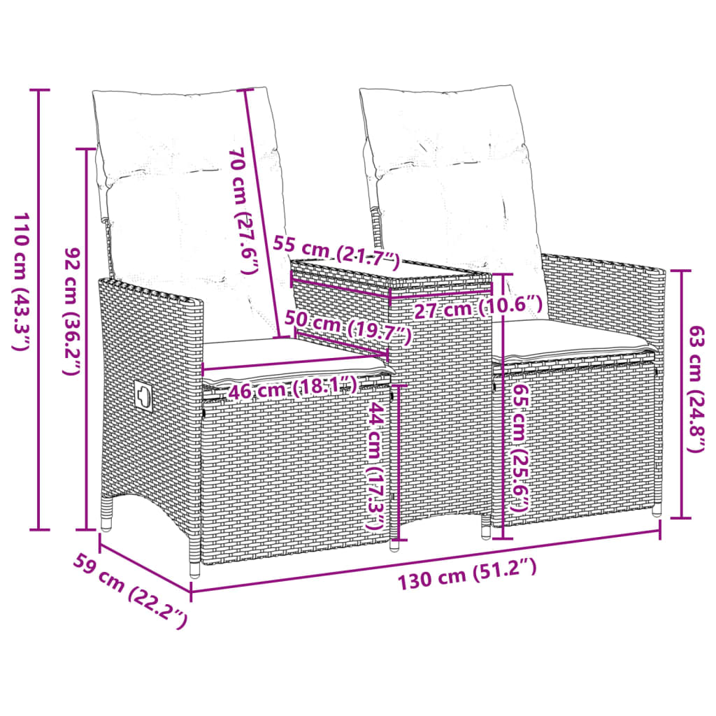 vidaXL Sofá de jardín reclinable de 2 plazas con mesa ratán PE negro