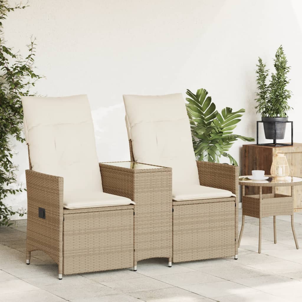 vidaXL Sofá de jardín reclinable de 2 plazas con mesa ratán PE beige