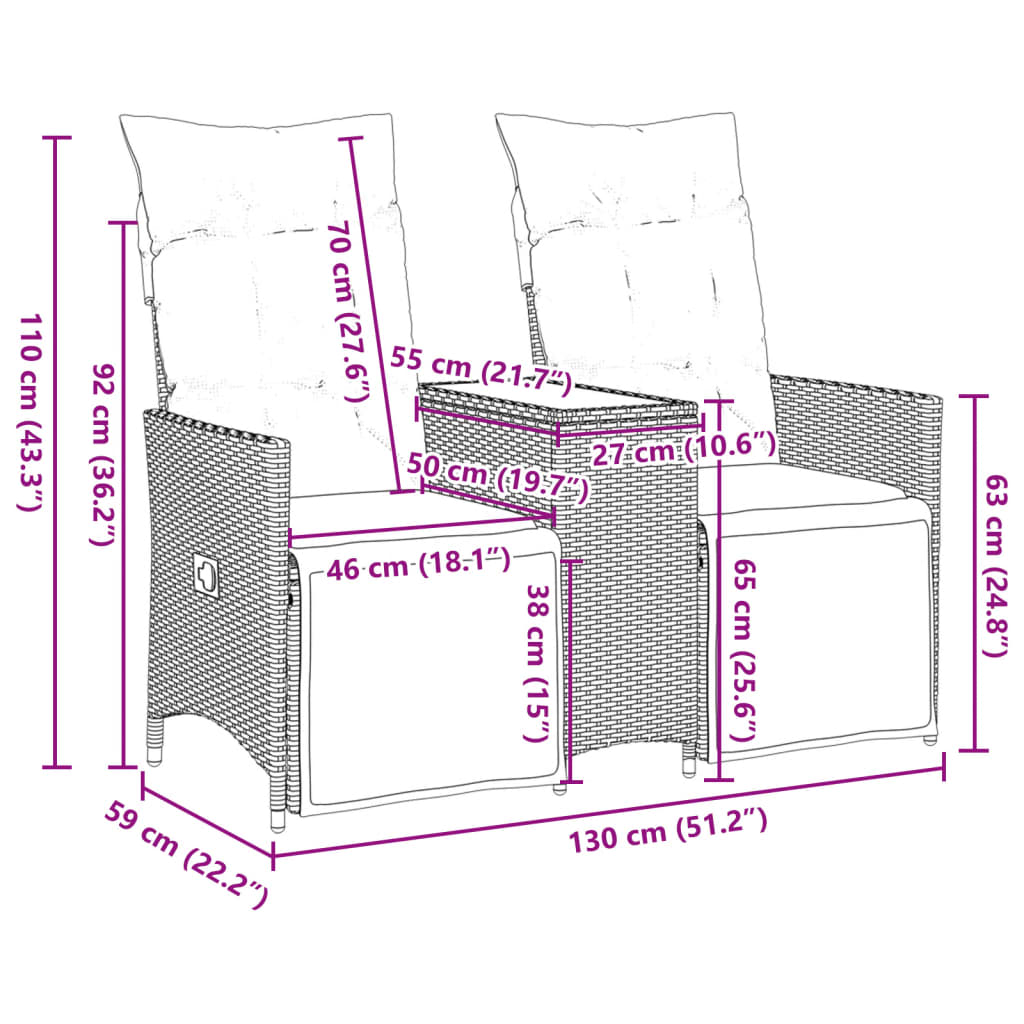 vidaXL Sofá de jardín reclinable de 2 plazas con mesa ratán PE negro