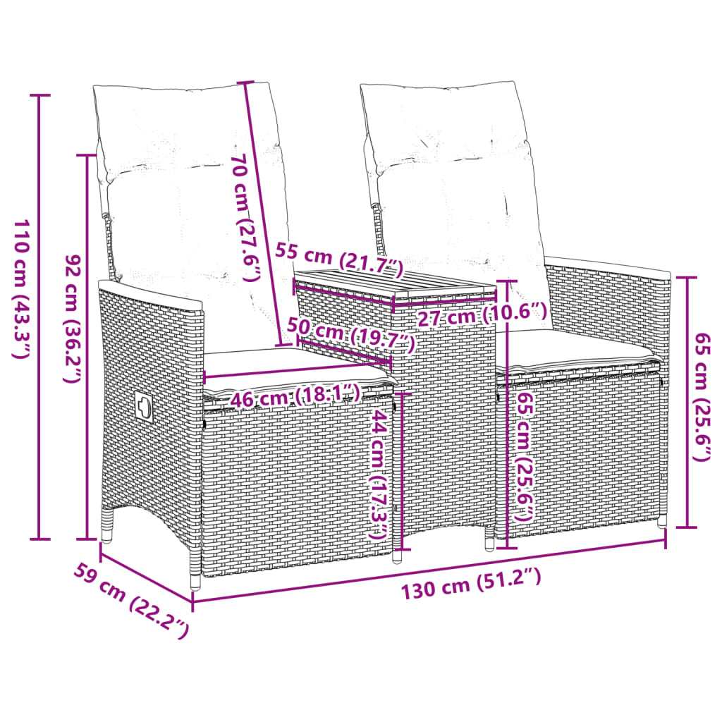 vidaXL Sofá de jardín reclinable de 2 plazas con mesa ratán PE negro