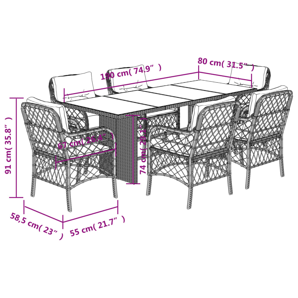 vidaXL Set comedor jardín 7 pzas y cojines ratán sintético gris claro