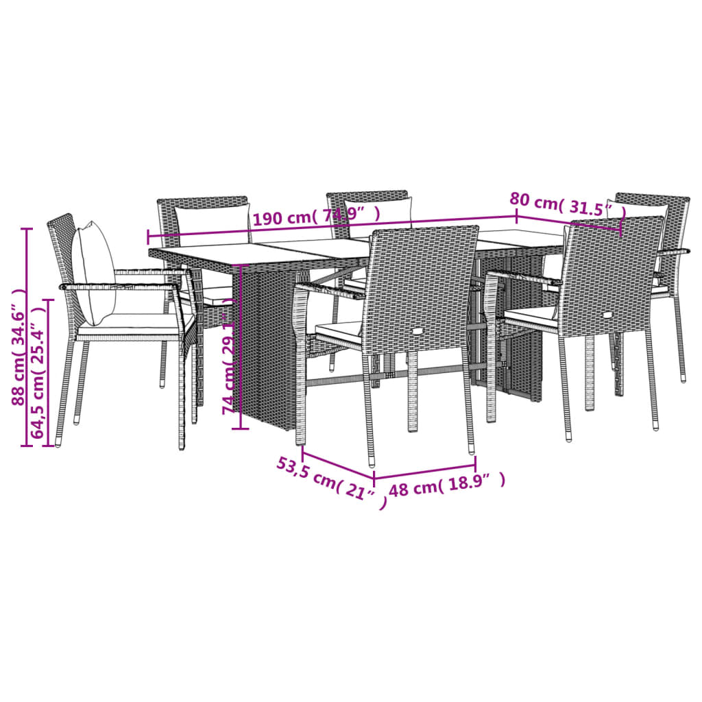 vidaXL Set de comedor de jardín 7 pzas y cojines ratán sintético negro