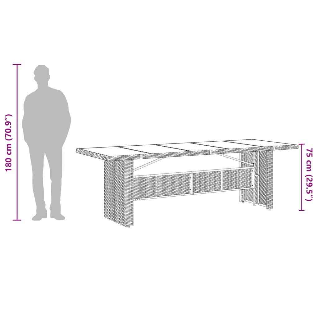 vidaXL Mesa de jardín superficie de vidrio ratán PE negro 240x90x75 cm