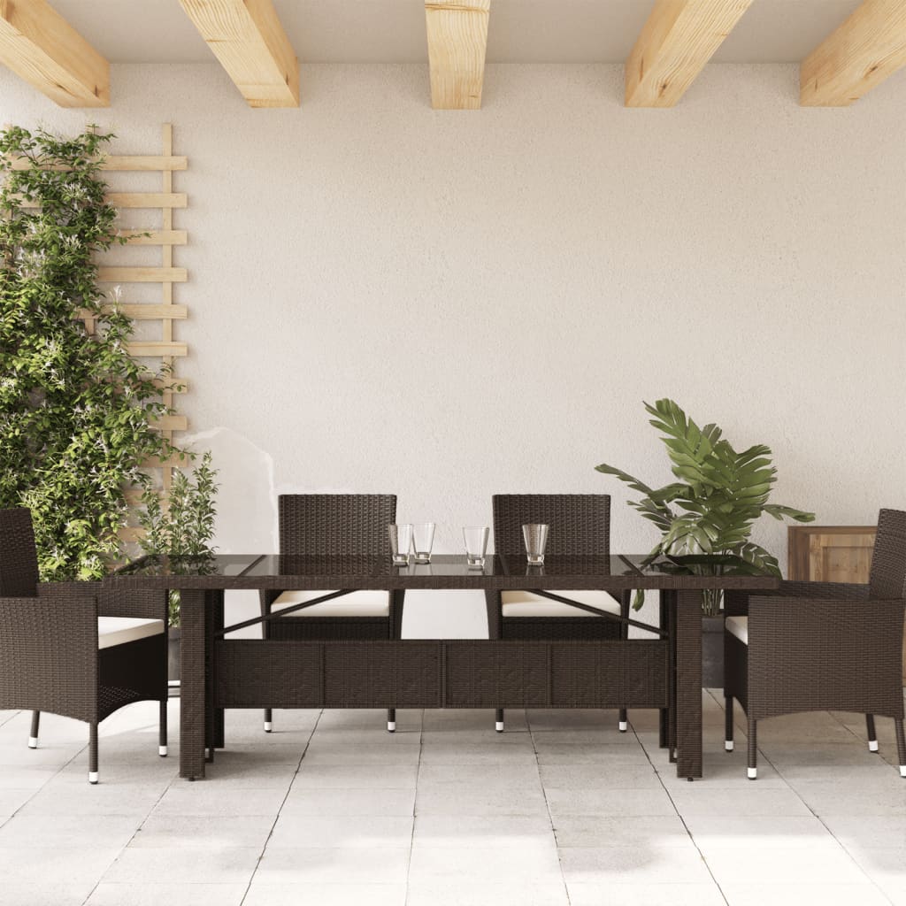 vidaXL Mesa de jardín superficie de vidrio ratán PE marrón 240x90x75cm