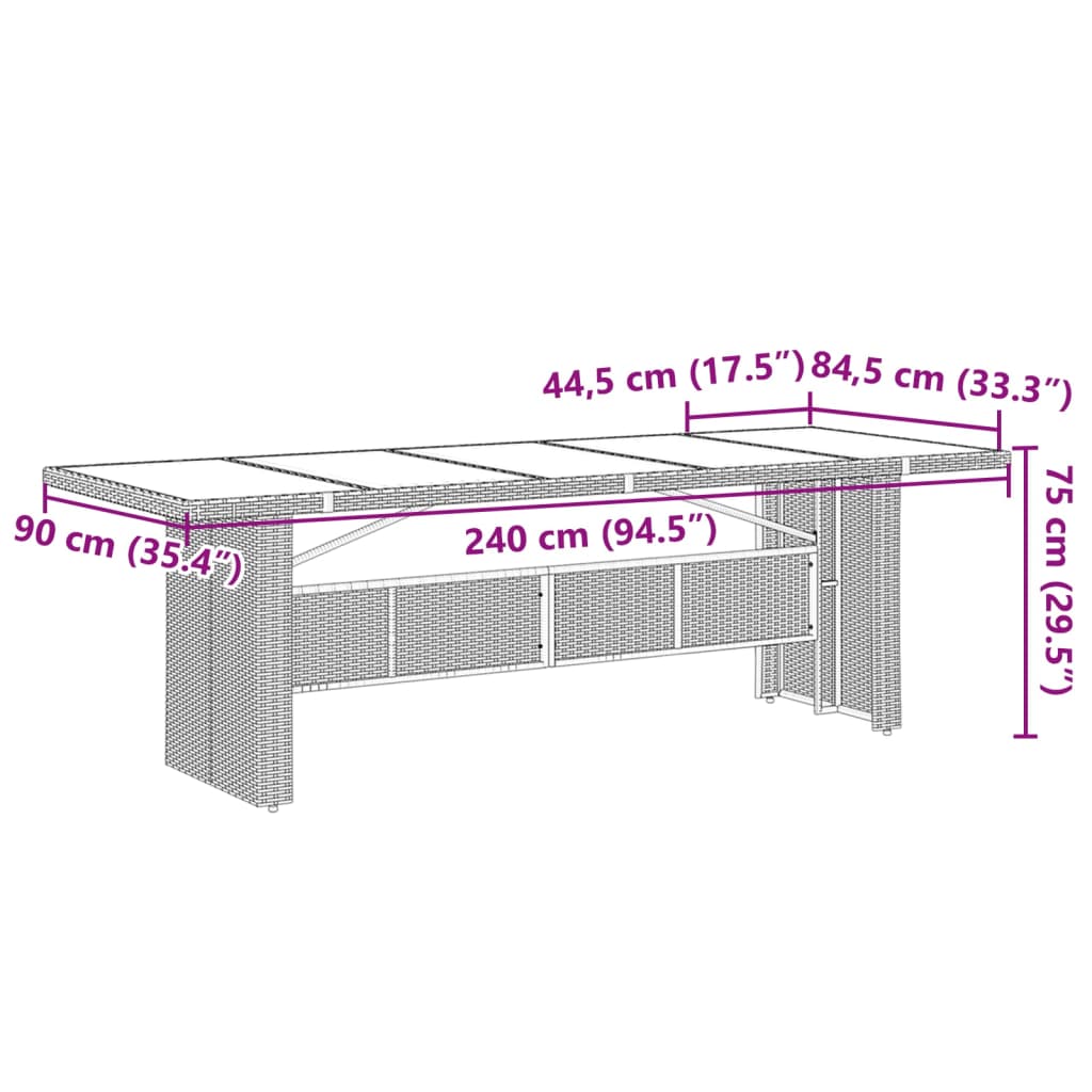 vidaXL Mesa de jardín superficie de vidrio ratán PE marrón 240x90x75cm