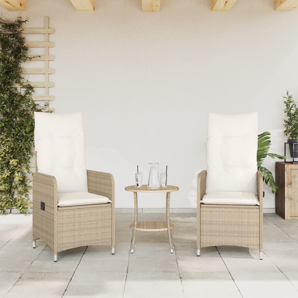 vidaXL Sillones reclinables de jardín con mesa 2 uds ratán PE beige