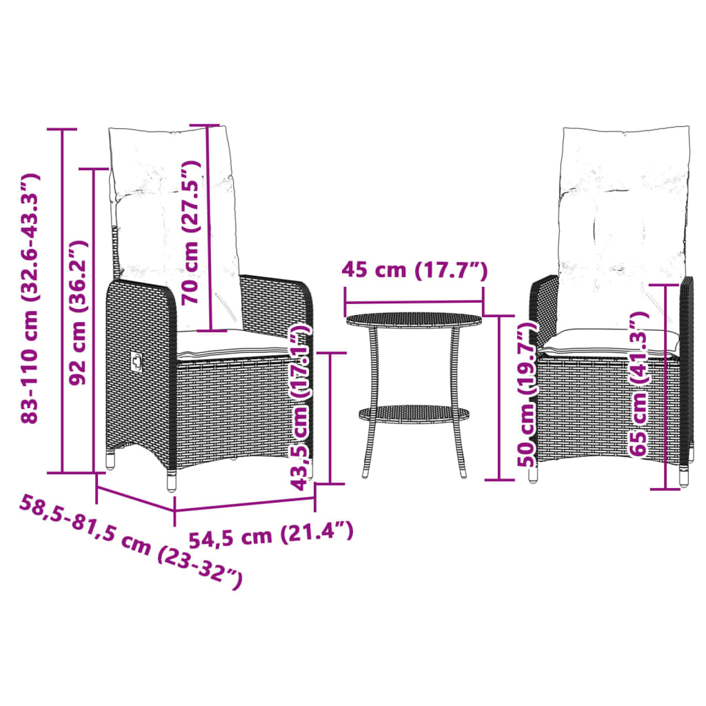 vidaXL Sillones reclinables de jardín con mesa 2 uds ratán PE beige