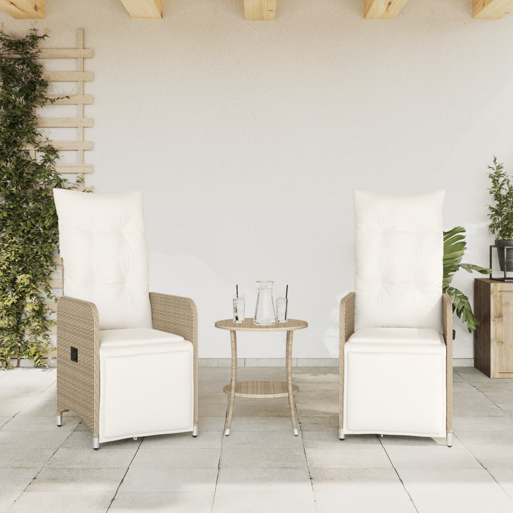 vidaXL Sillones reclinables de jardín con mesa 2 uds ratán PE beige