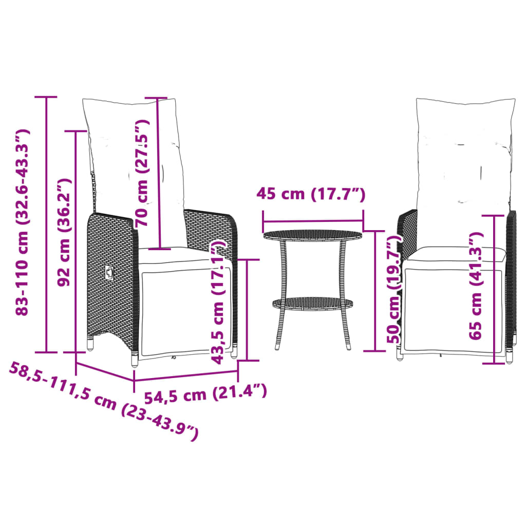 vidaXL Sillones reclinables de jardín con mesa 2 uds ratán PE beige