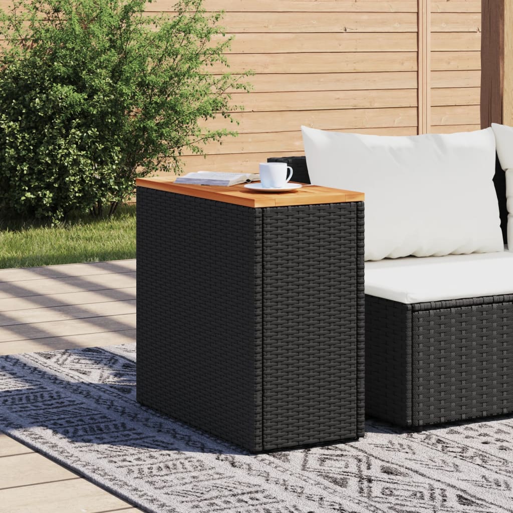 vidaXL Mesa auxiliar jardín tapa madera ratán PE negro 58x27,5x55 cm