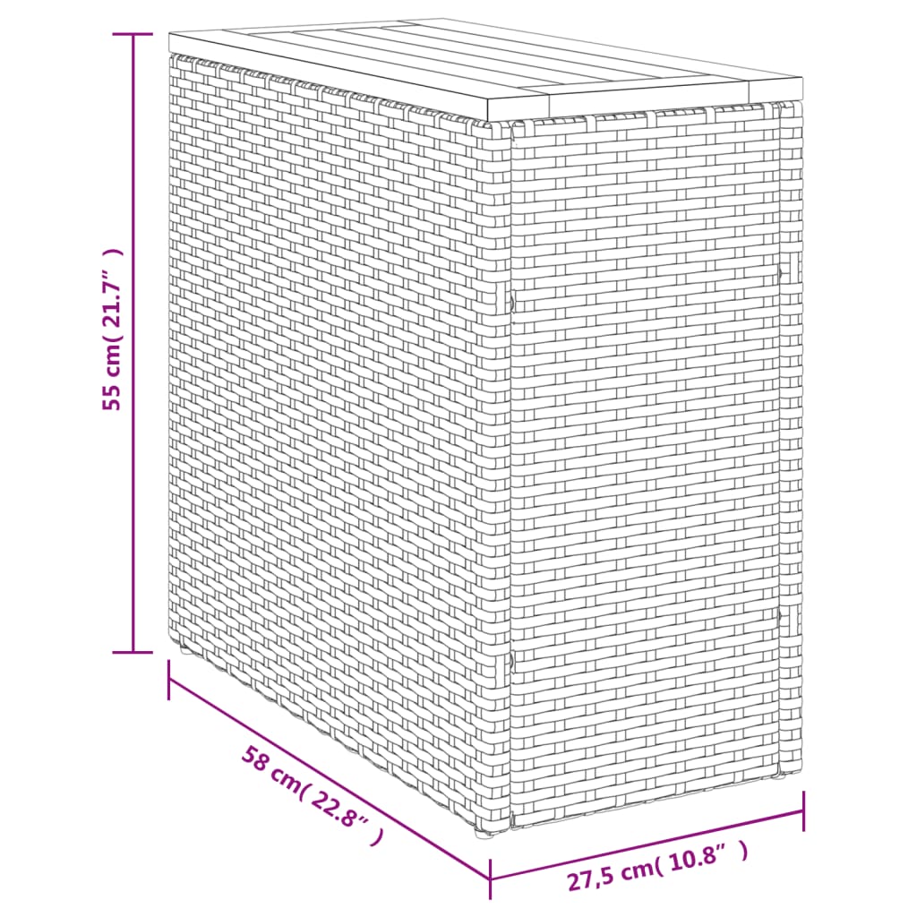 vidaXL Mesa auxiliar jardín tapa madera ratán PE negro 58x27,5x55 cm