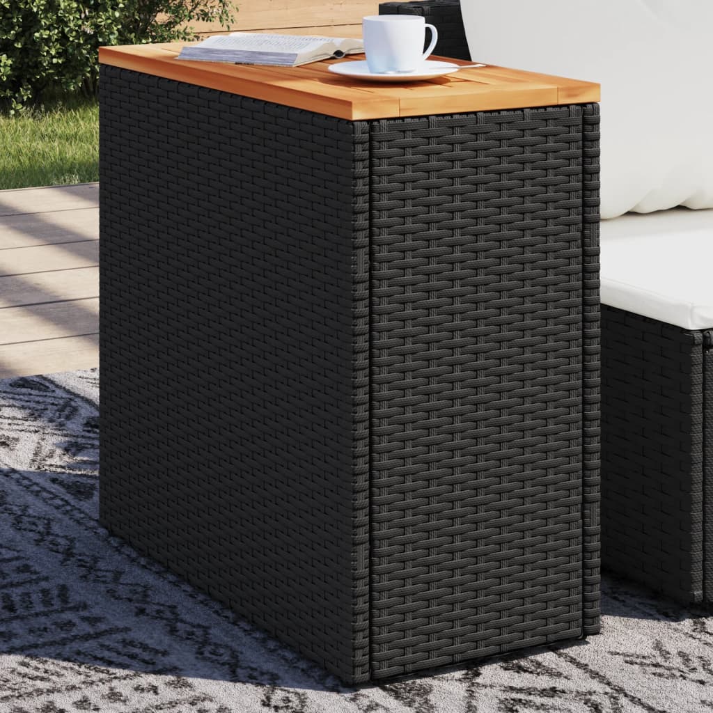 vidaXL Mesa auxiliar jardín tapa madera ratán PE negro 58x27,5x55 cm