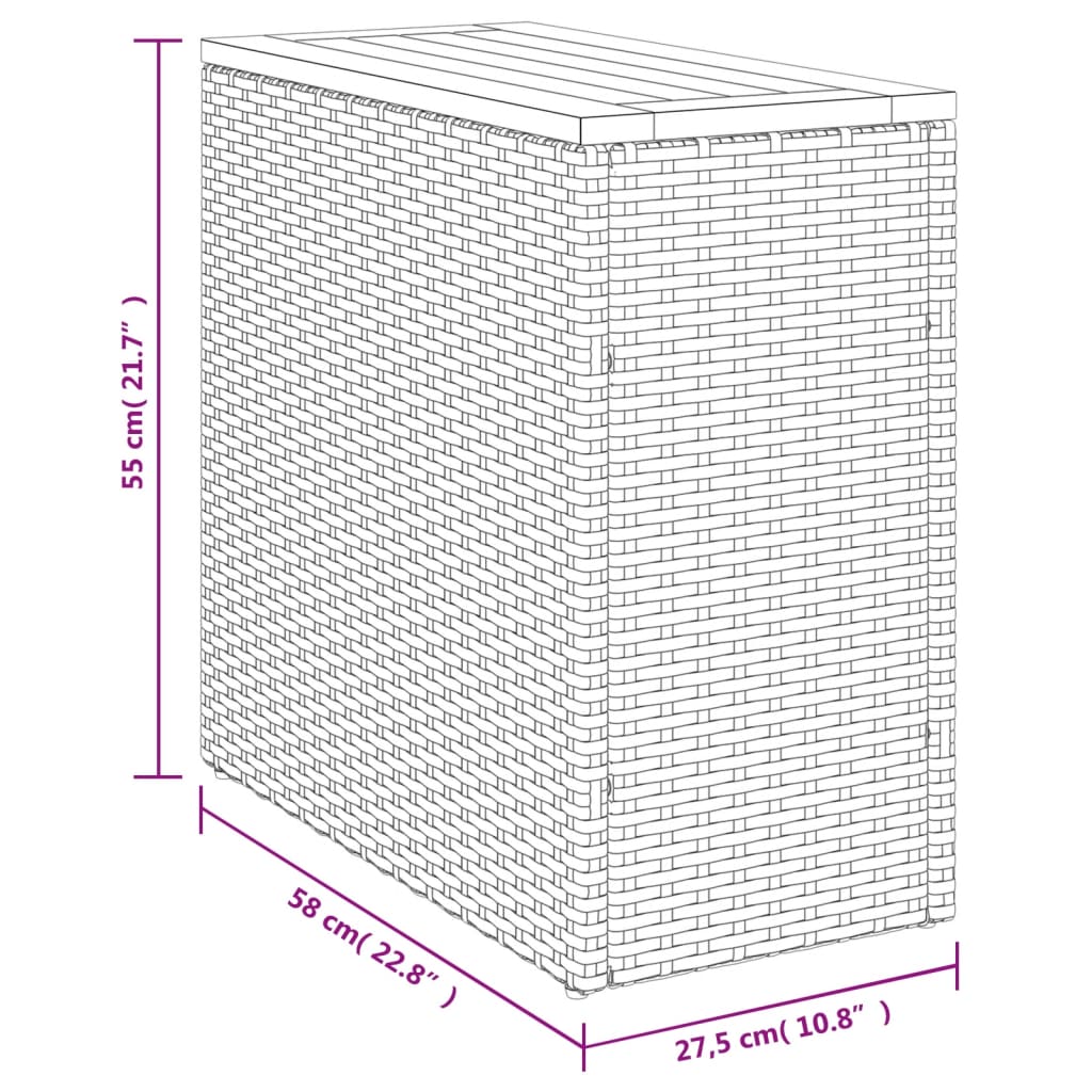 vidaXL Mesa auxiliar jardín tapa madera ratán PE beige 58x27,5x55 cm