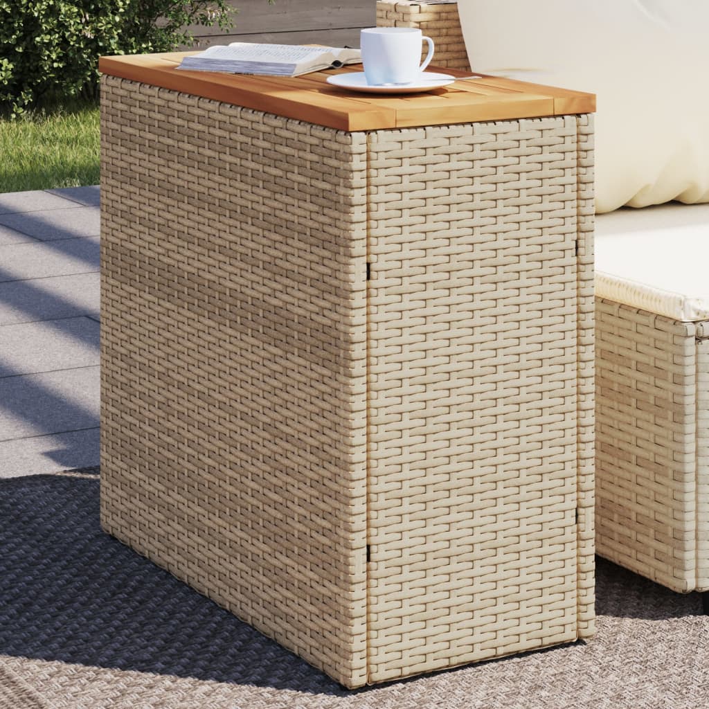 vidaXL Mesa auxiliar jardín tapa madera ratán PE beige 58x27,5x55 cm