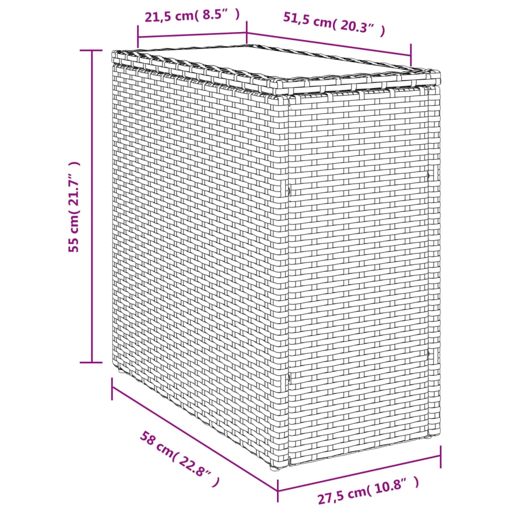 vidaXL Mesa auxiliar jardín tapa vidrio ratán gris claro 58x27,5x55 cm