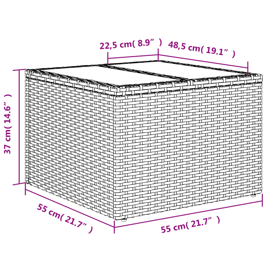 vidaXL Mesa de jardín superficie cristal ratán PE marrón 55x55x37 cm