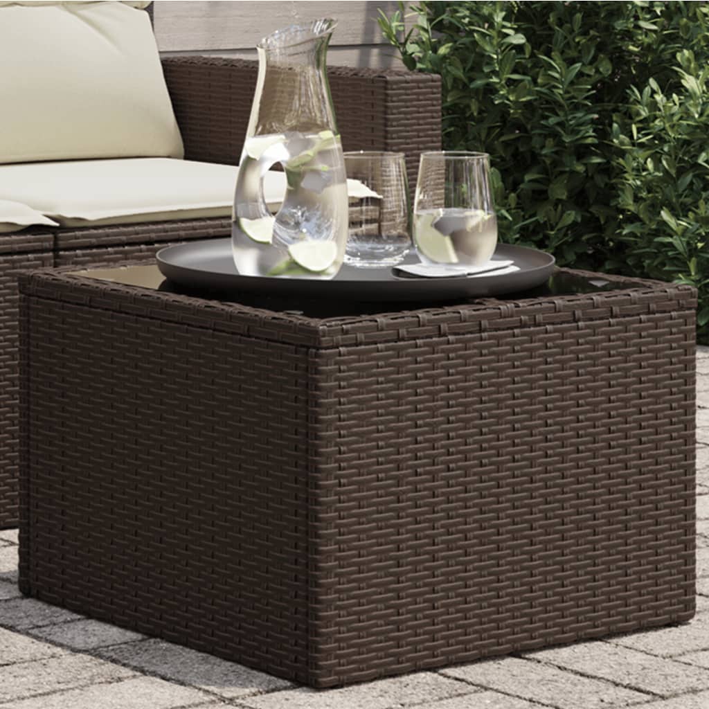 vidaXL Mesa de jardín superficie cristal ratán PE marrón 55x55x37 cm