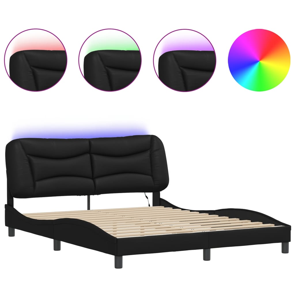 vidaXL Estructura de cama con luces LED cuero PE negro 160x200 cm