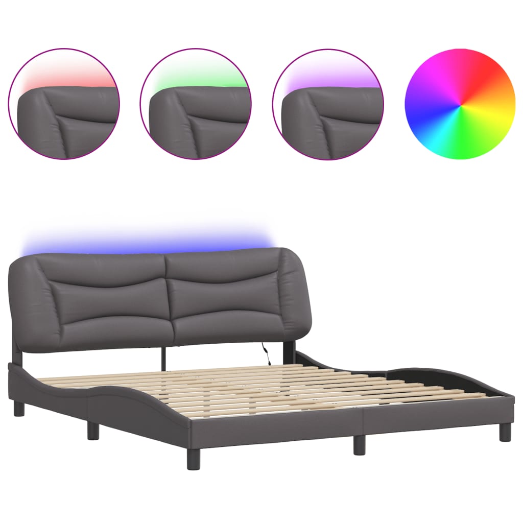 vidaXL Estructura de cama con luz LED cuero sintético gris 180x200 cm