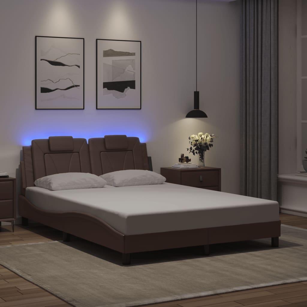 vidaXL Estructura cama con luces LED cuero sintético marrón 120x200 cm