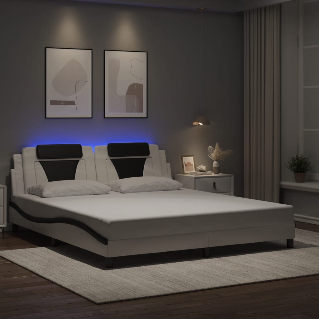 vidaXL Estructura cama con luces LED cuero PE blanco negro 180x200 cm